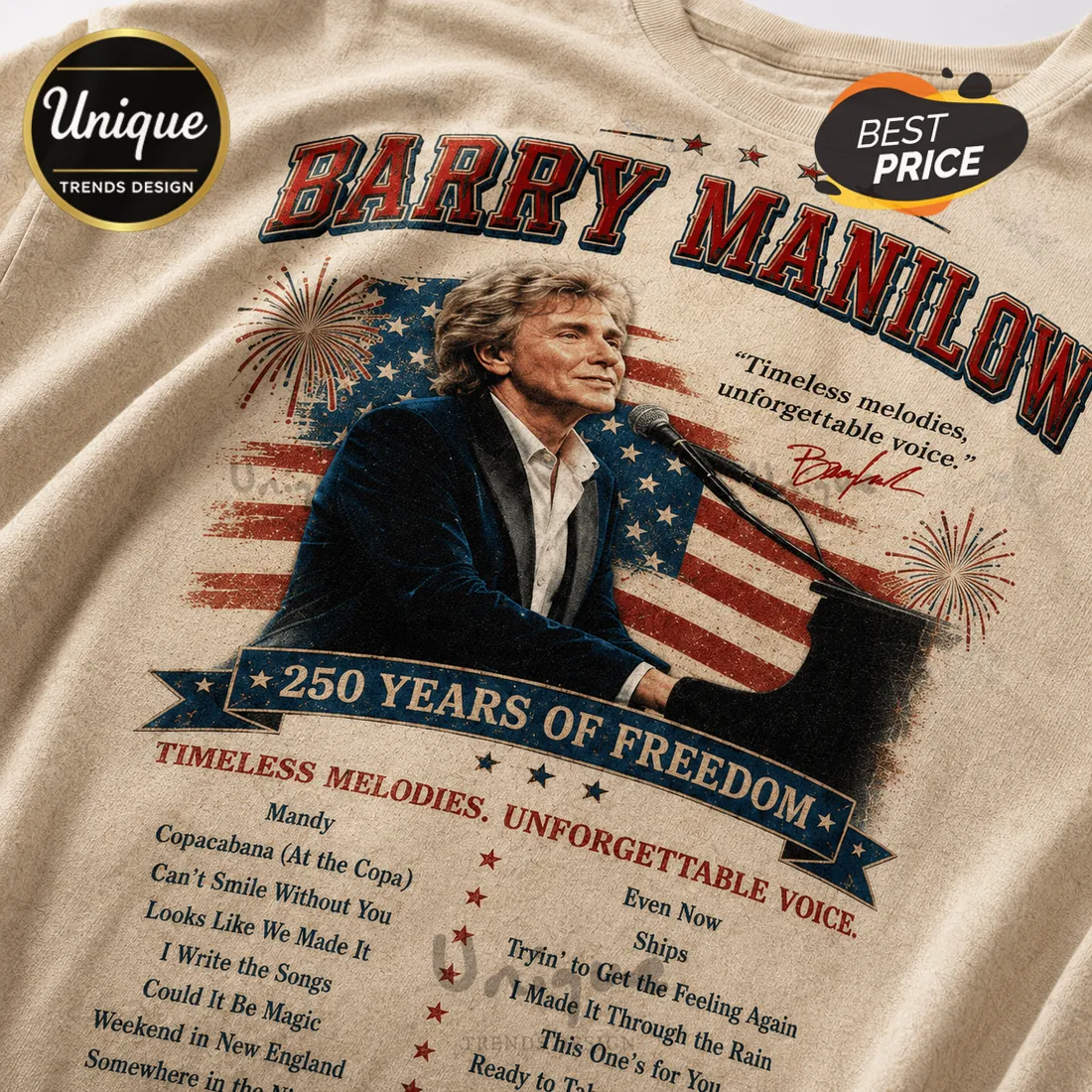 Barry Manilow USA Patriotic 250th Anniversary Cotton Blend T-Shirt Barry Manilow USA Patriotic 250th Anniversary Cotton Blend T-Shirt