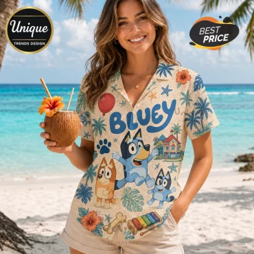 Bluey Character Button Down Hawaiian Shirt Bluey Character Button Down Hawaiian Shirt