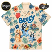 Bluey patterned button-up shirt with orange hibiscus flowers, palm trees, xylophone, and cartoon dog characters.!