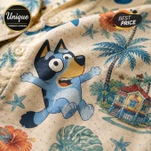 Bluey character on beige button-down shirt with tropical hibiscus, palm tree, and starfish patterns.!