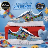 Custom Bluey-themed sneakers with puzzle piece motifs, infinity symbols, and light blue leather on a red Nike shoebox.!