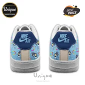 Back view of custom sneakers with Bluey character pattern, light blue background, and dark blue Nike Air heel tabs.!