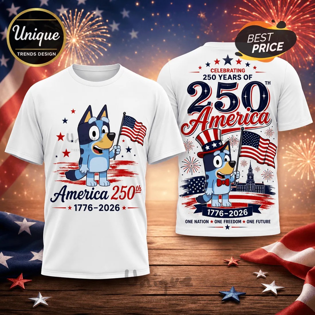Bluey x USA 250th Anniversary 1776-2026 Patriotic Collectible Graphic T-Shirt Bluey x USA 250th Anniversary 1776-2026 Patriotic Collectible Graphic T-Shirt