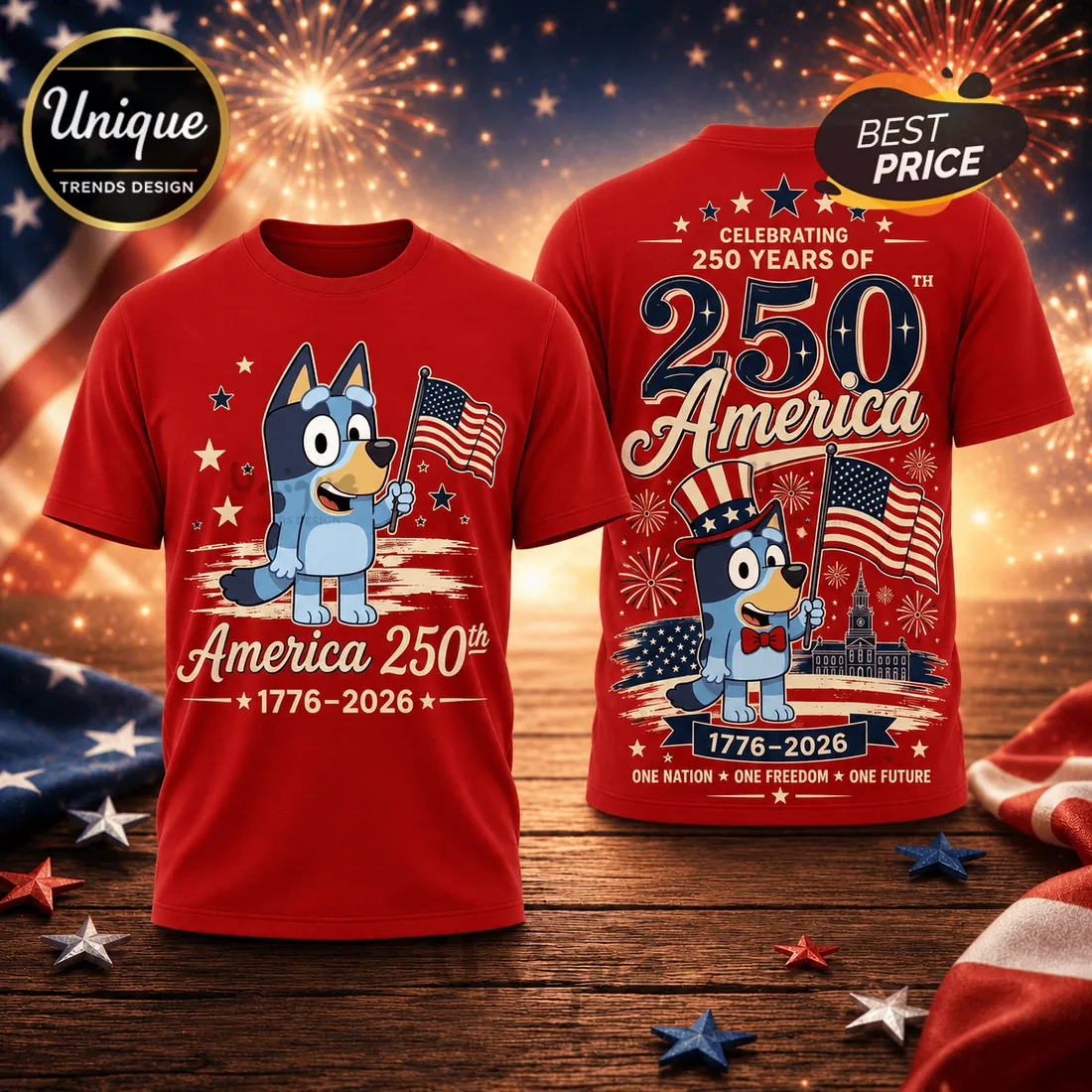 Bluey x USA 250th Anniversary 1776-2026 Patriotic Collectible Graphic T-Shirt Bluey x USA 250th Anniversary 1776-2026 Patriotic Collectible Graphic T-Shirt