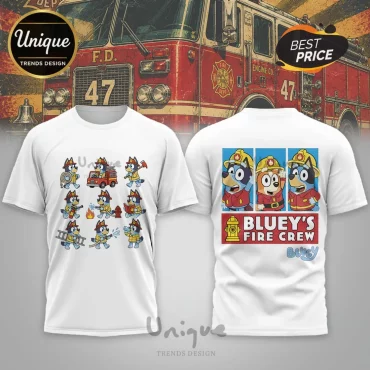 Bluey’s Fire Crew Firefighter Cartoon White Collectible Graphic T-Shirt Bluey’s Fire Crew Firefighter Cartoon White Collectible Graphic T-Shirt