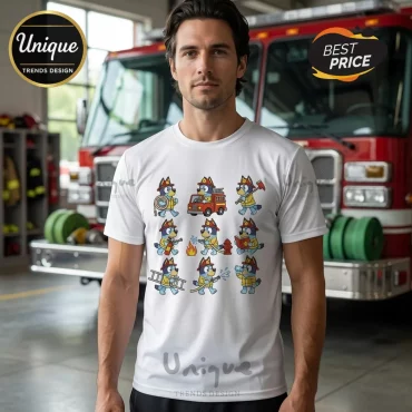 Bluey’s Fire Crew Firefighter Cartoon White Collectible Graphic T-Shirt