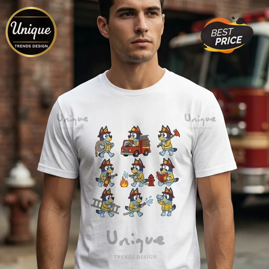 Bluey’s Fire Crew Firefighter Cartoon White Collectible Graphic T-Shirt Bluey’s Fire Crew Firefighter Cartoon White Collectible Graphic T-Shirt