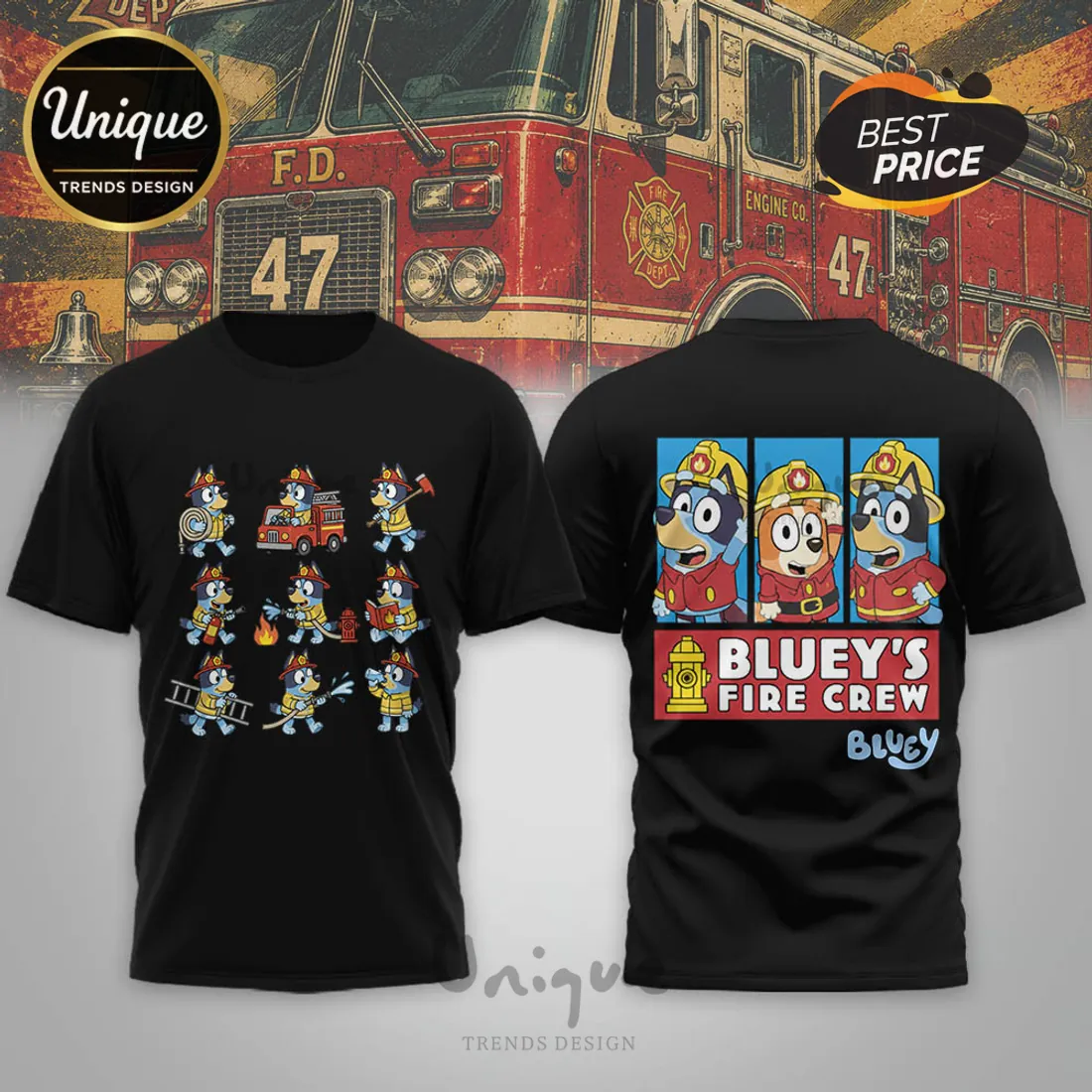 Bluey’s Fire Crew Firefighter Cartoon White Collectible Graphic T-Shirt Bluey’s Fire Crew Firefighter Cartoon White Collectible Graphic T-Shirt