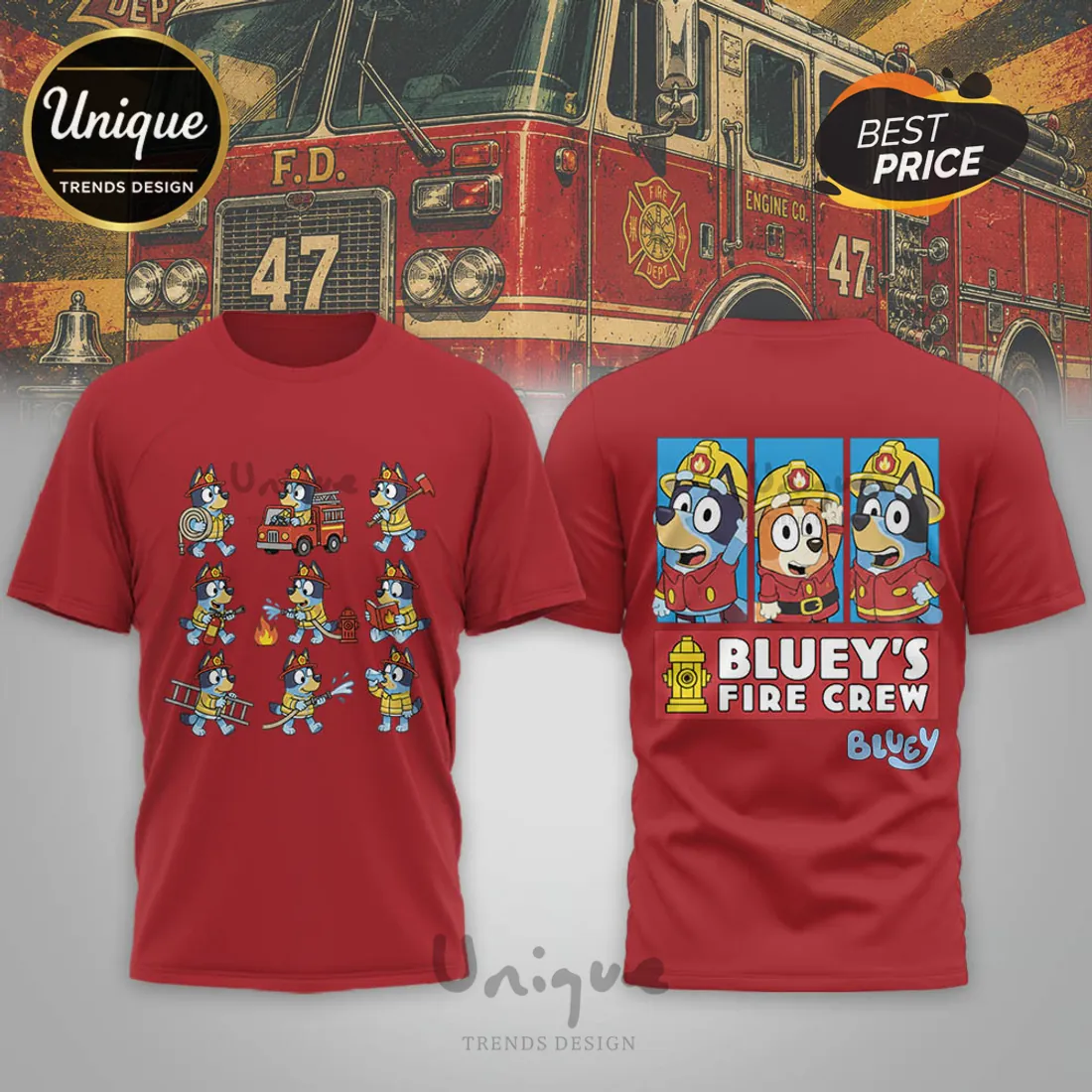 Bluey’s Fire Crew Firefighter Cartoon White Collectible Graphic T-Shirt Bluey’s Fire Crew Firefighter Cartoon White Collectible Graphic T-Shirt