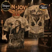 Bon Jovi unisex t-shirt with sepia-toned graphic of Jon Bon Jovi singing and classic song lyrics printed on the back.!