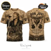 Bon Jovi graphic t-shirt featuring front portrait of Jon Bon Jovi and back print with lyrics, guitars, and heart motif.!