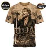 Bon Jovi graphic t-shirt in sepia tones featuring a portrait of Jon Bon Jovi singing with a guitar and concert crowd.!