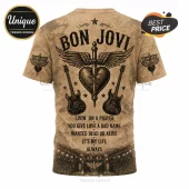 Bon Jovi graphic t-shirt with beige distressed background, winged heart, dagger, two guitars, and song titles in black text.!