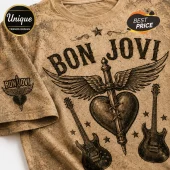 Tan t-shirt featuring black vintage-style Bon Jovi logo, a winged heart with dagger, and electric guitar illustrations.!