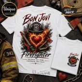 White graphic t-shirt featuring a Bon Jovi and firefighter design with a burning heart, guitar, helmet, and text 343.!