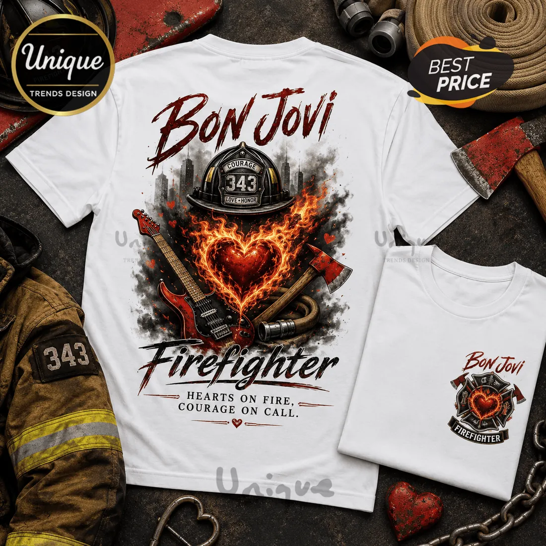 Bon Jovi Firefighter Hearts On Fire Premium Blend T-Shirt Bon Jovi Firefighter Hearts On Fire Premium Blend T-Shirt