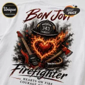 White t-shirt graphic with Bon Jovi text, a firefighter helmet numbered 343, an electric guitar, and a flaming heart design.!
