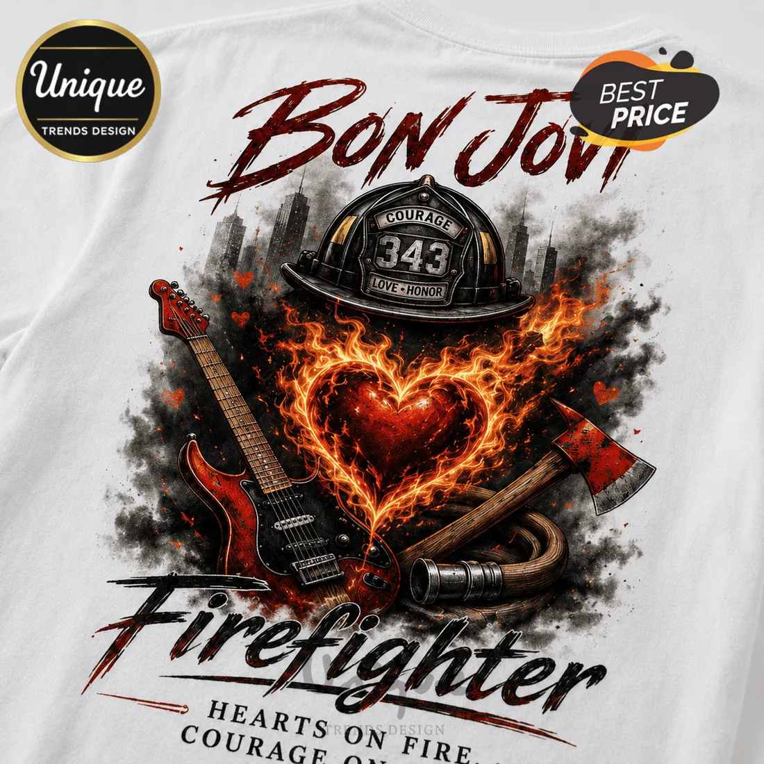 Bon Jovi Firefighter Hearts On Fire Premium Blend T-Shirt Bon Jovi Firefighter Hearts On Fire Premium Blend T-Shirt