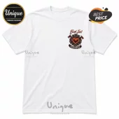 White crew neck t-shirt featuring a small Bon Jovi Firefighter logo with a flaming heart on the left chest.!