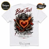 White t-shirt featuring Bon Jovi text, firefighter helmet 343, burning heart, electric guitar, and axe graphic.!