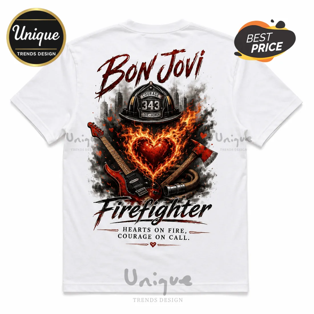 Bon Jovi Firefighter Hearts On Fire Premium Blend T-Shirt Bon Jovi Firefighter Hearts On Fire Premium Blend T-Shirt