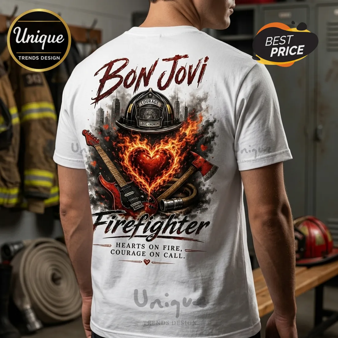 Bon Jovi Firefighter Hearts On Fire Premium Blend T-Shirt Bon Jovi Firefighter Hearts On Fire Premium Blend T-Shirt