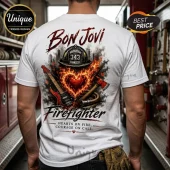 White t-shirt showing a Bon Jovi graphic with a firefighter helmet, flame heart, electric guitar, and axe on the back.!