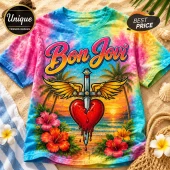 Bon Jovi graphic t-shirt featuring a winged heart and dagger over a tropical beach scene on pink and blue tie-dye fabric.!