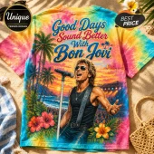 Tie-dye t-shirt featuring Bon Jovi singing on a tropical beach at sunset with hibiscus flowers and palm tree graphics.!