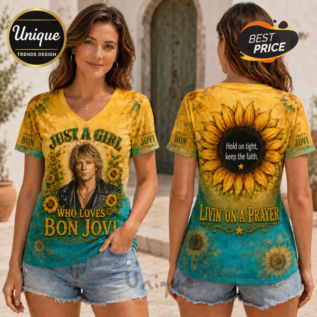 Bon Jovi Sunflower Tie Dye V-Neck T-Shirt Bon Jovi Sunflower Tie Dye V-Neck T-Shirt