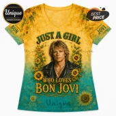 V-neck women's t-shirt with yellow sunflower print, portrait of Jon Bon Jovi, and text Just A Girl Who Loves Bon Jovi.!