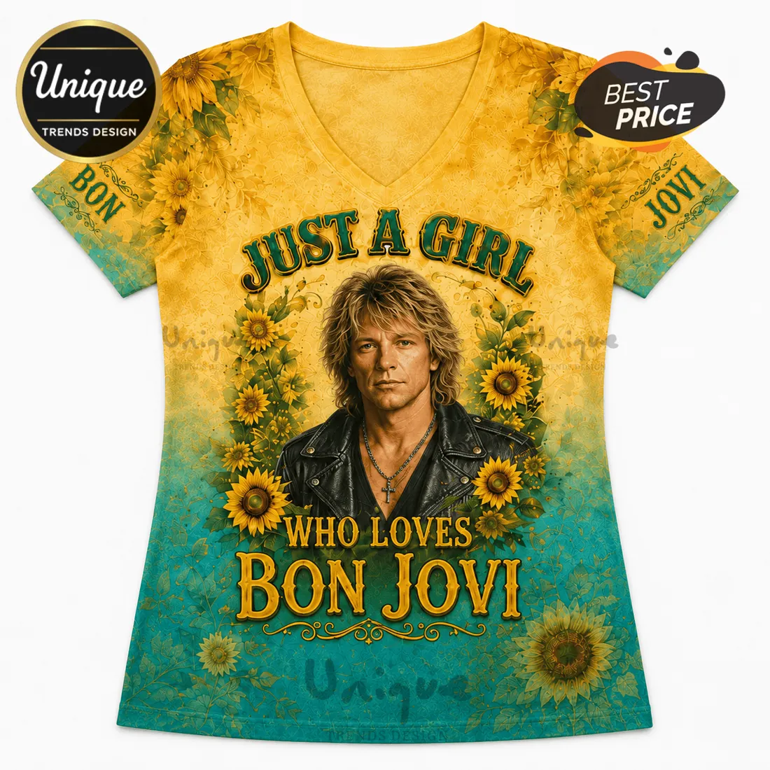 Bon Jovi Sunflower Tie Dye V-Neck T-Shirt Bon Jovi Sunflower Tie Dye V-Neck T-Shirt