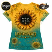 Yellow sunflower t-shirt with teal bottom gradient, text reading Bon Jovi, Hold on tight, keep the faith, Livin on a prayer.!
