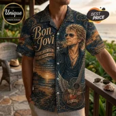 Button-down shirt featuring Jon Bon Jovi, acoustic guitar, sunset beach graphics, and lyrics text on a navy floral pattern.!