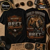 Black cotton t-shirts featuring Bret Michaels and Harley-Davidson graphics with flaming accents, eagle motifs, and text.!