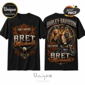 Black t-shirt featuring Harley-Davidson and Bret Michaels graphics with bald eagle, flames, and motorcycle imagery.!