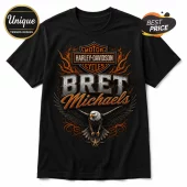 Black cotton t-shirt featuring a Harley-Davidson logo, Bret Michaels text, and a bald eagle graphic with orange flames.!