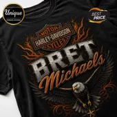 Black t-shirt featuring Harley-Davidson logo, BRET MICHAELS text in metallic font, and a flying bald eagle graphic.!