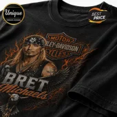 Black cotton t-shirt featuring a Bret Michaels portrait, Harley-Davidson logo, eagle graphic, and orange flame accents.!