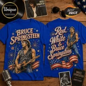 Blue cotton t-shirts featuring Bruce Springsteen with guitar, American flag graphics, and star motifs on a wood background.!