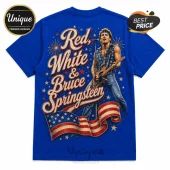 Blue cotton t-shirt featuring Bruce Springsteen graphic with Red, White & Bruce Springsteen text and American flag accents.!