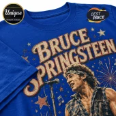 Royal blue cotton t-shirt with vintage-style screen print of Bruce Springsteen, microphone, stars, and fireworks design.!