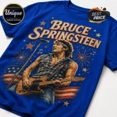 Royal blue t-shirt featuring a vintage-style Bruce Springsteen graphic with an electric guitar, stars, and US flag motifs.!