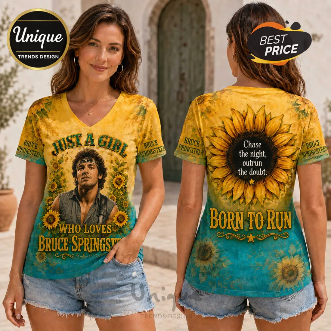 Bruce Springsteen Born To Run Sunflower V-Neck T-Shirt Bruce Springsteen Born To Run Sunflower V-Neck T-Shirt