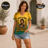 V-neck t-shirt featuring Bruce Springsteen portrait, sunflower graphics, and text Just A Girl Who Loves Bruce Springsteen.!