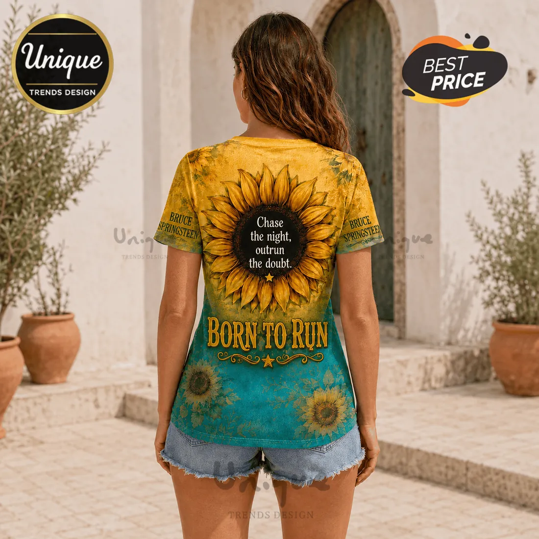 Bruce Springsteen Born To Run Sunflower V-Neck T-Shirt Bruce Springsteen Born To Run Sunflower V-Neck T-Shirt