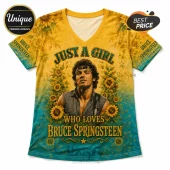 V-neck t-shirt featuring a Bruce Springsteen portrait, sunflower patterns, and text reading Just A Girl Who Loves Bruce.!