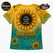 Bruce Springsteen Born to Run t-shirt with large sunflower graphic, yellow and teal gradient, and song lyrics text.!