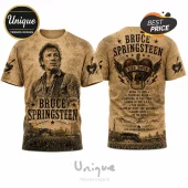 Bruce Springsteen tan graphic t-shirt with portrait, concert scene, song titles, and guitar heart design on the back.!