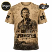 Bruce Springsteen graphic t-shirt in sepia tones with a concert stage, guitar icons, and distressed parchment background.!